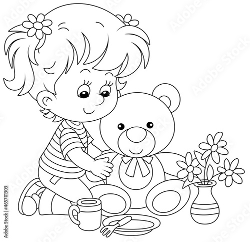 Happy little girl playing with a funny plush teddy bear, black and white outline vector cartoon illustration for a coloring book page