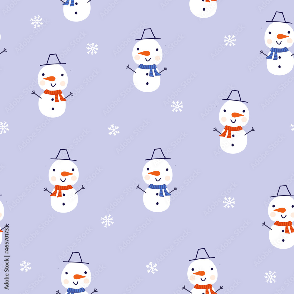 Cute snowman illustration with snowflakes seamless vector pattern background. Repeating winter kids background with snowmen on lilac blue background. Vector illustration for fabric, gift wrap.