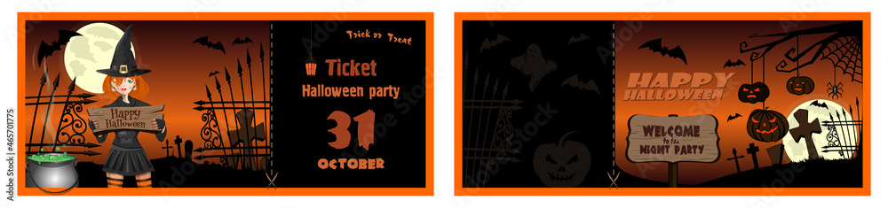 Halloween Night Party Ticket. Halloween banner with carved funny pumpkins and cute girl in witch costume. Vector illustration