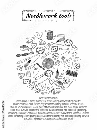 Vector template of flyer or banner with knitting tools and wool yarn in cartoon style. Printed material for design brochures, flyers, banners, cards and posters.