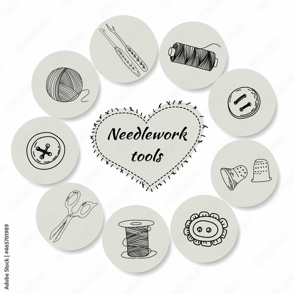 Round emblems, stickers on the theme of women's needlework. Seamstresses at work, scissors, pins, tape for measuring length. Vector in flat style. Round emblems, stickers on the theme of women's needlework. Seamstresses at work, scissors, pins, tape for measuring length. Vector in flat style.