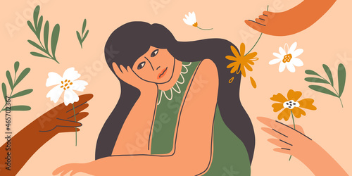 Unhappy beautiful woman looks at flower offered to her. Men hands gift flowers. Sign of attention, courtship for sad female. Suitors try to cheer up upset girl. Apathy, melancholy vector illustration