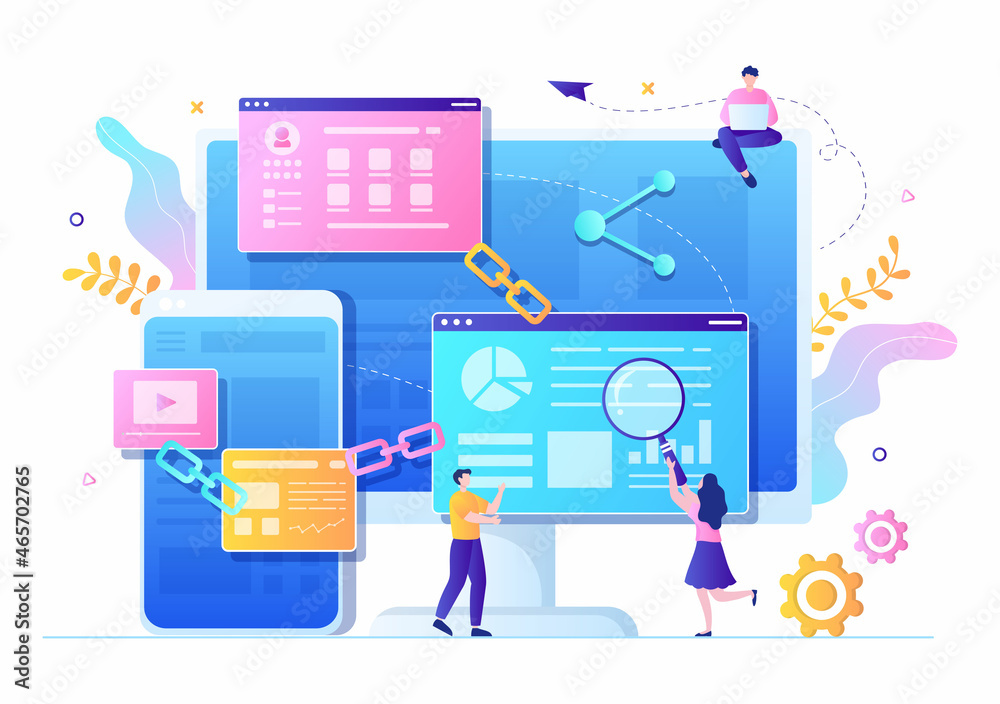SEO Link Building as Search Engine Optimization, Marketing and Digital for Home Page Development or Mobile Applications Vector Illustration SEO Link Building as Search Engine Optimization, Marketing and Digital for Home Page Development or Mobile Applications Vector Illustration