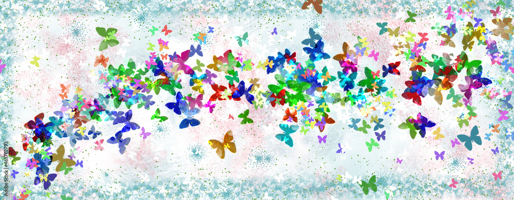 Multi-colored butterflies are hovering on a pink-turquoise background. Imitation of a drawing in watercolor. Light abstract background with butterflies. Illustration.