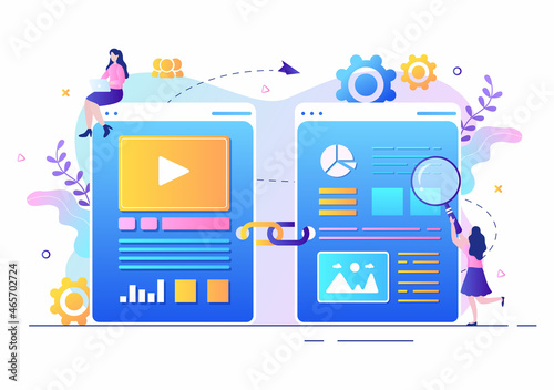 SEO Link Building as Search Engine Optimization, Marketing and Digital for Home Page Development or Mobile Applications Vector Illustration