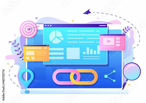 SEO Link Building as Search Engine Optimization, Marketing and Digital for Home Page Development or Mobile Applications Vector Illustration