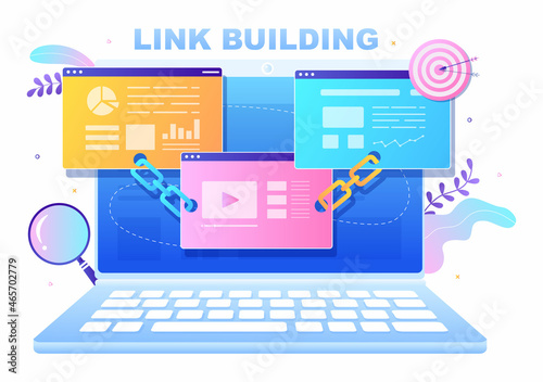 SEO Link Building as Search Engine Optimization, Marketing and Digital for Home Page Development or Mobile Applications Vector Illustration photo