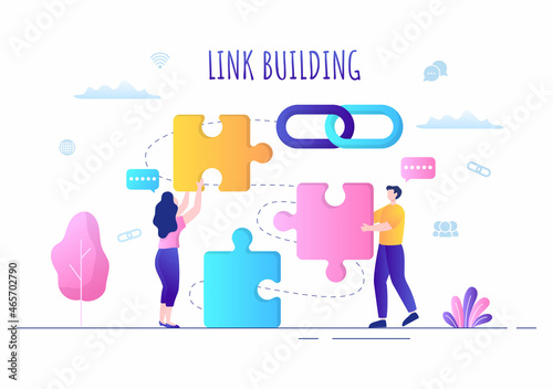 SEO Link Building as Search Engine Optimization, Marketing and Digital for Home Page Development or Mobile Applications Vector Illustration