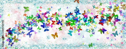 Multi-colored butterflies are hovering on a pink-turquoise background. Imitation of a drawing in watercolor. Light abstract background with butterflies. Illustration. © Svetlana