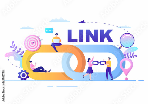 SEO Link Building as Search Engine Optimization, Marketing and Digital for Home Page Development or Mobile Applications Vector Illustration