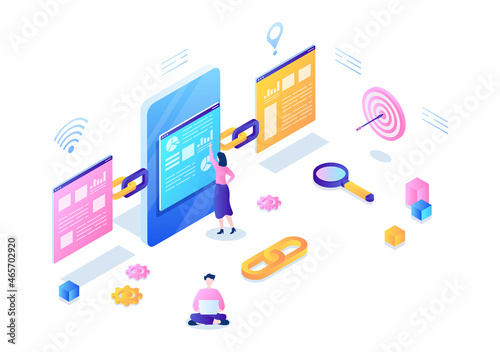 SEO Link Building as Search Engine Optimization, Marketing and Digital for Home Page Development or Mobile Applications Vector Illustration