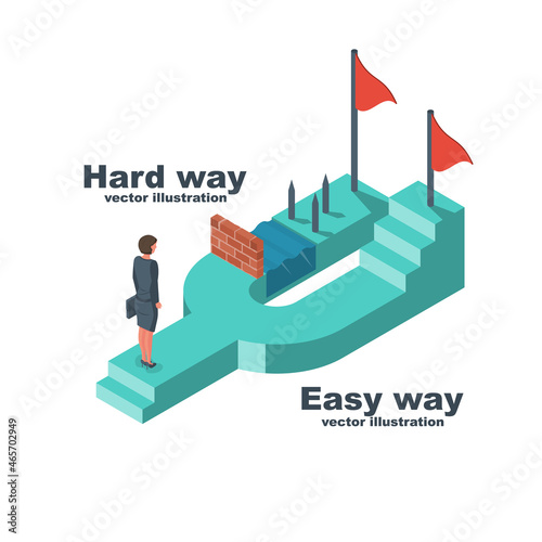 Hard and easy ways. Businesswoman standing at crossroads before choosing. Decide direction. Choice of ways. Vector illustration isometric style. 3d design landing page. Reaching the goal.