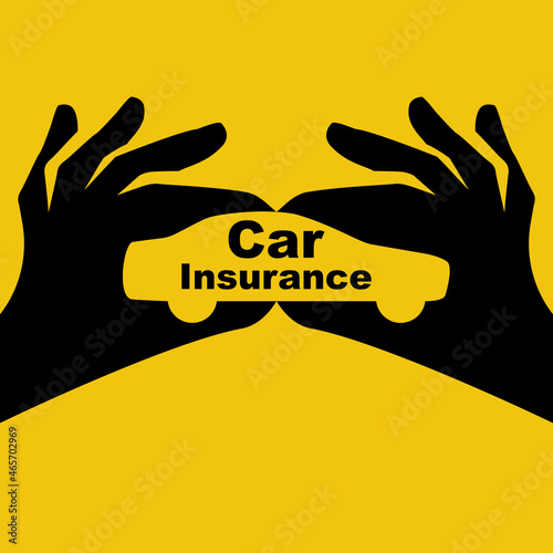 Hands male insurance agent protects car, silhouette. Concept car insurance icon. Vector illustration, flat design. Protection car. Safety of car. Security service for the car.