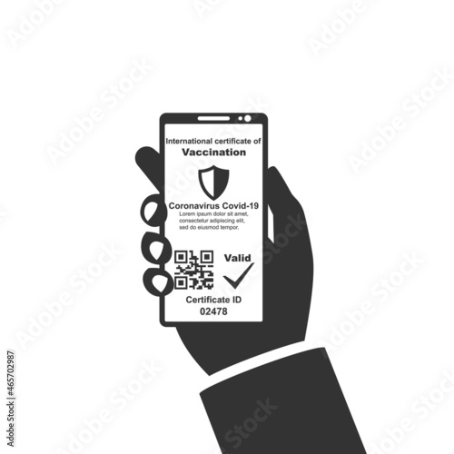 International Certificate of Vaccination Covid-2019. Valid Certificate. Digital passport vaccination. Vector illustration flat design. Isolated on background. Smartphone in hand. QR code on the screen