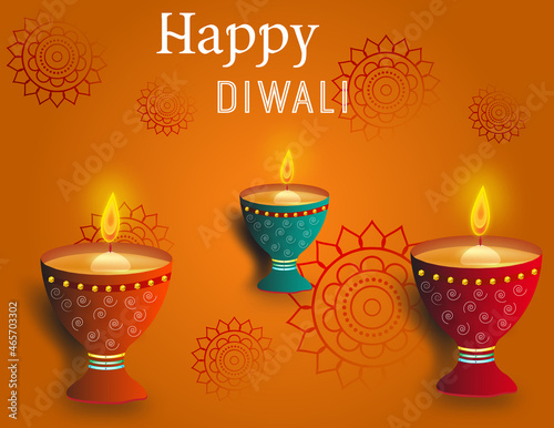 Happy Diwali 2021 Illustration with 3 decorative lighting Diyaas, text, orange-yellow gradient and a quote.  photo