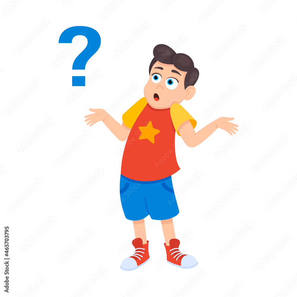 Little doubt boy kid asking question flat style design vector illustration isolated on white background. Cute boy thinking about something and question mark flies above him asking concept. Little doubt boy kid asking question flat style design vector illustration isolated on white background. Cute boy thinking about something and question mark flies above him asking concept.