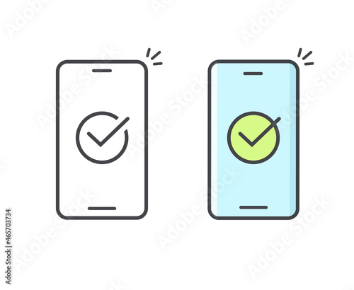 Approved trust check mark icon on mobile cell phone line outline art style vector or confirmed verified checkmark tick symbol on smartphone screen illustration, vote or poll idea, success accept