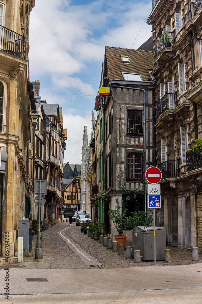 Obraz premium City street with half-timbered houses in Rouen. Normandy, France