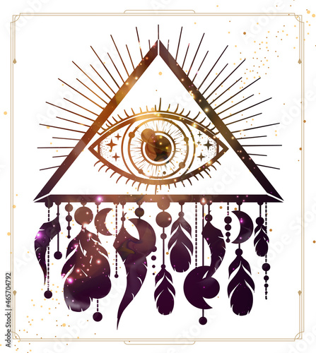 Modern magic witchcraft card with dream Catcher, eye in triangle and space background inside. Vector illustration