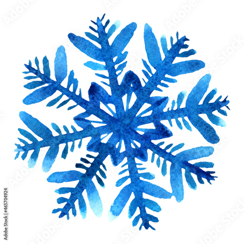 Watercolor blue snowflake isolated on white. Hand painted winter illustration.