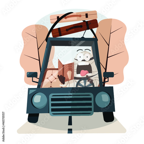 Illustration vectorielle d'une momie qui ne fait pas attention en conduisant car il lie un livre