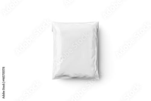 Empty blank white plastic parcel bag isolated on a grey background. Shipping Plastic Bag Postal Packing. Postal package. 3d rendering. photo