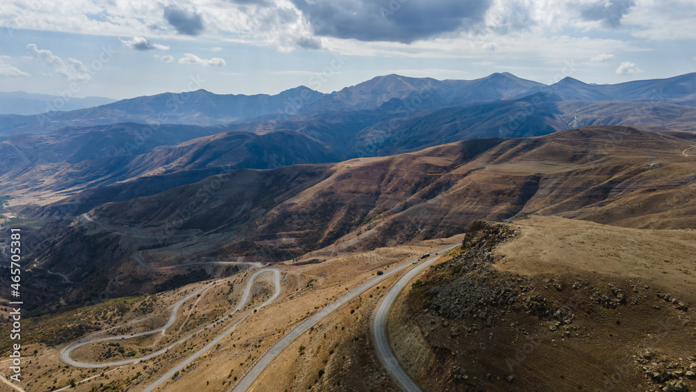 Spectacular Driving Route through Selim or Vardenyats Pass in Armenia. Armenian Silk Road. Fantastic View of Valley. Winding Road in Mountains. Autumn Landscape. Aerial View