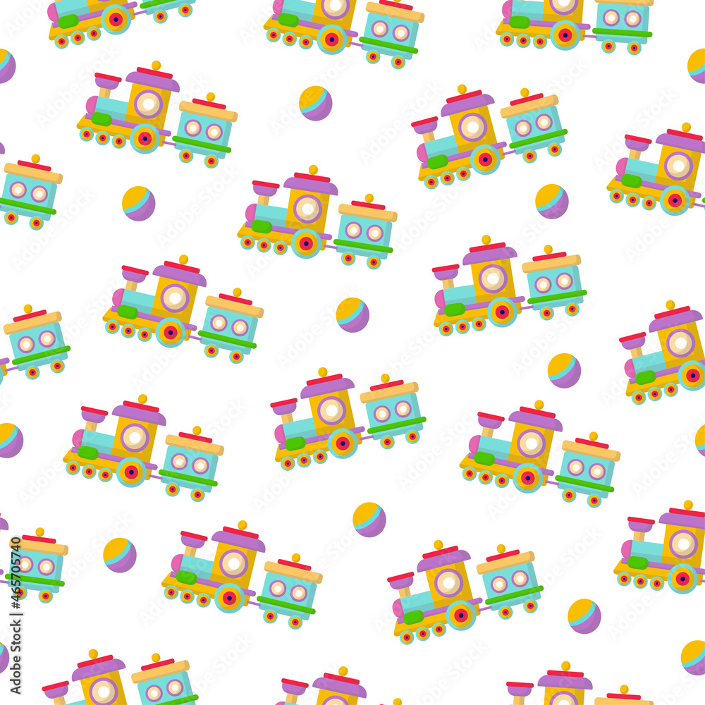 Fototapeta premium Seamless pattern with toys for children. Illustration, train, toy on a white background.