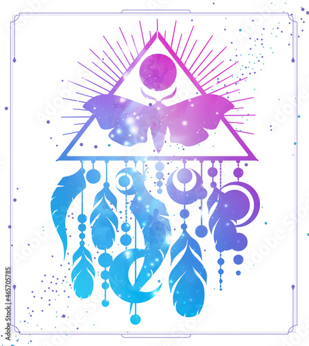 Modern magic witchcraft card with dream Catcher, butterfly and space background inside. Vector illustration