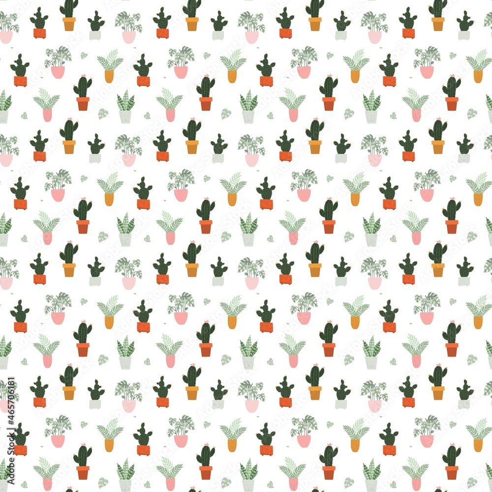 Pattern of trendy decorative house plants. Tropical leaves in flowerpot.