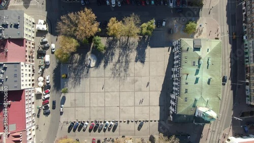 Top-down aerial view of Wolnica Square in Kazimierz district, Krakow, Poland photo