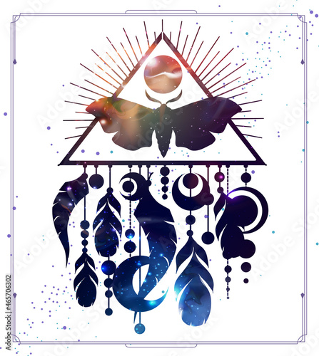 Modern magic witchcraft card with dream Catcher, butterfly and space background inside. Vector illustration