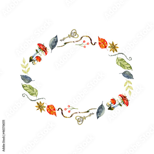 watercolor botanical illustration, floral wreath, autumn flowers, dried leaves, round frame, fall, clip art isolated on white background.