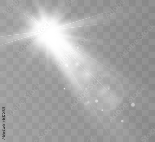 White glowing light explodes on a transparent background. Bright Star. Transparent shining sun, bright flash. Vector graphics. 