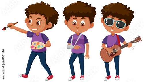 Set of a boy cartoon character doing different activities
