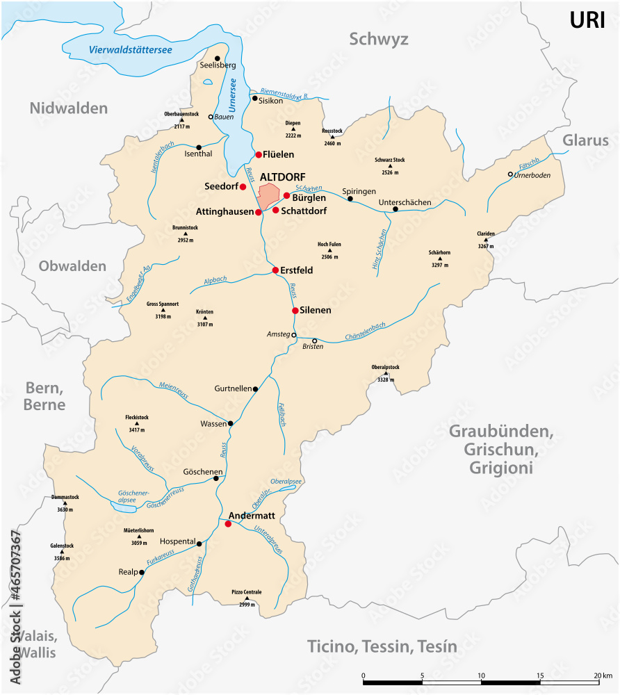 vector map of the Swiss canton of Uri with the most important cities