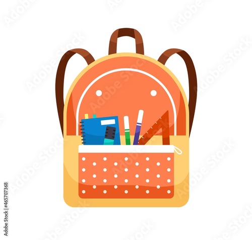 Schoolbag with school stationery. Bag with front pocket packed with pens, pencils and rulers. Girls backpack. Closed knapsack. Colored flat vector illustration isolated on white background