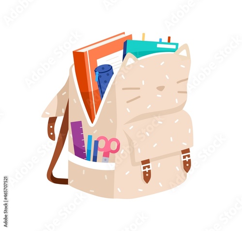 Open schoolbag packed with school stationery. Bag with books, pens in pocket. Backpack with supplies. Kitty-shaped knapsack with ears. Colored flat vector illustration isolated on white background