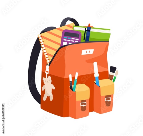 Schoolbag packed with stationery. Open school bag with books, copybooks and pens in pockets. Kids backpack with textbooks and notebooks. Colored flat vector illustration isolated on white background