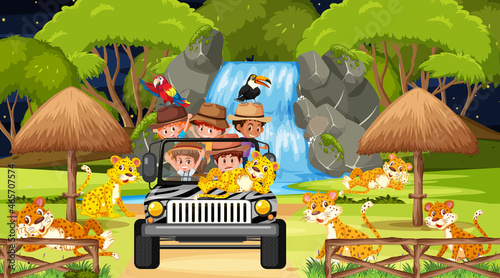 Leopard group in Safari scene with children in the tourist car