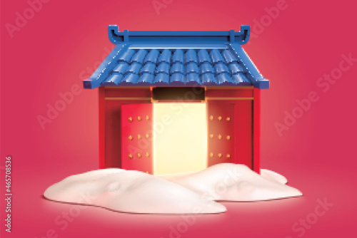 3d red temple gate in snow