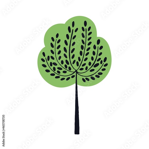 Abstract tree with trunk, branches and leaf in simple doodle style. Primitive childrens art. Naive kids drawing of wood plant. Childish flat vector illustration isolated on white background