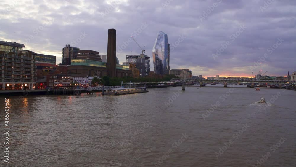 London sunset on the River Thames with the architecture of the Tate Modern art gallery, One Blackfriars skyscraper and the Millenium Bridge London sunset on the River Thames with the architecture of the Tate Modern art gallery, One Blackfriars skyscraper and the Millenium Bridge