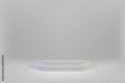 3D minimal scene with white hexahedral podium on light background. Empty stage for product presentation. Realistic vector platform with free space. Minimalistic mockup design. Pedestal template photo