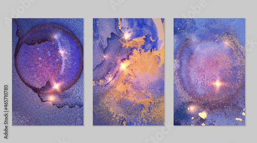 Set of marble patterns. Blue, violet and gold geode textures with glitter. Abstract vector background in alcohol ink technique. Modern paint with sparkles. Backdrops for banner, poster. Fluid art