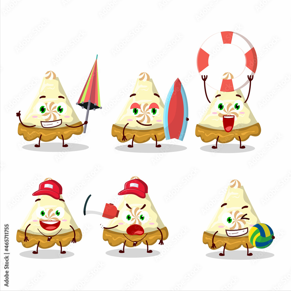 Happy Face slice of lemon meringue pie cartoon character playing on a beach Happy Face slice of lemon meringue pie cartoon character playing on a beach