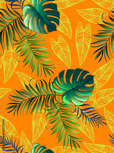 Seamless tropical vector pattern with tropical plants and palm leaves. Vector summer background.Stock vector ESP 10