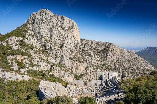 Termessos ancient city the amphitheatre. Termessos is one of Antalya -Turkey's most outstanding archaeological sites. Despite the long siege, Alexander the Great could not capture the ancient city. © Suzi