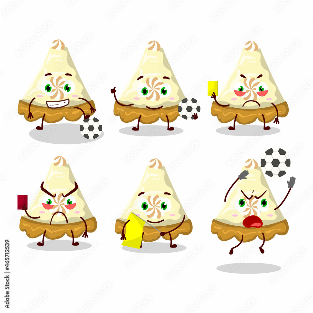 Slice of lemon meringue pie cartoon character working as a Football