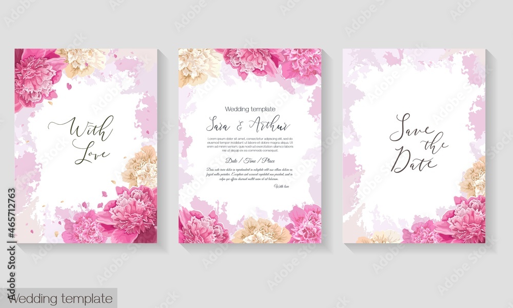 Vector floral template for wedding invitation. Pink and beige peonies, petals, watercolor paint. Postcard for your text